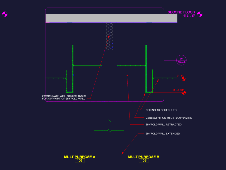 CAD section showing Skyfold vertical folding partition in extended and retracted positions with GWB soffit and metal framing.