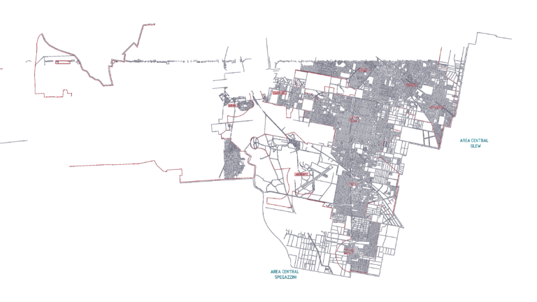 CAD drawing of Southern AMBA urban layout with street grids for Ezeiza, Monte Grande, Glew, and Spegazzini.