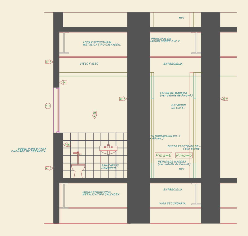 Structural and plumbing section for a men’s bathroom module
