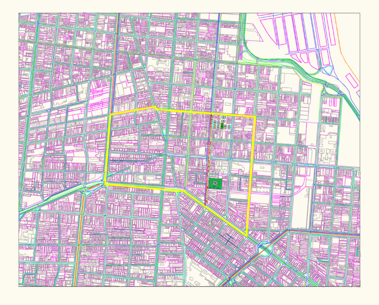 Urban master plan CAD drawing showing city blocks, drainage infrastructure, and HIS social housing zones in Area IV.