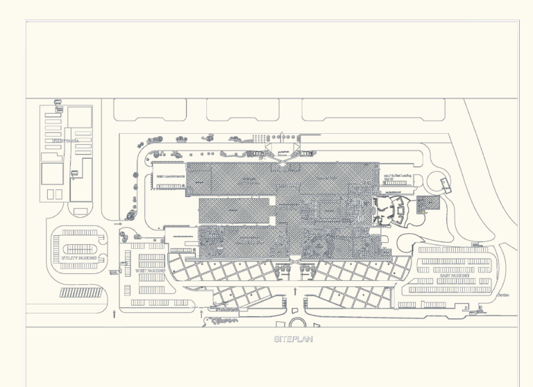 Architectural site plan layout of the Abu Dhabi Arts Gallery showing building footprint, parking areas, and loading bays.