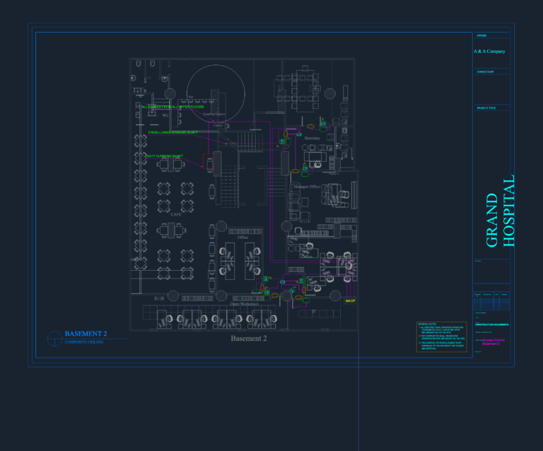 Hospital basement floor plan showing access control wiring, card readers, and security devices for offices and workspace.