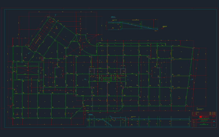 Structural formwork plan for an access floor slab including cross-sections, beam details, and concrete dimensions.
