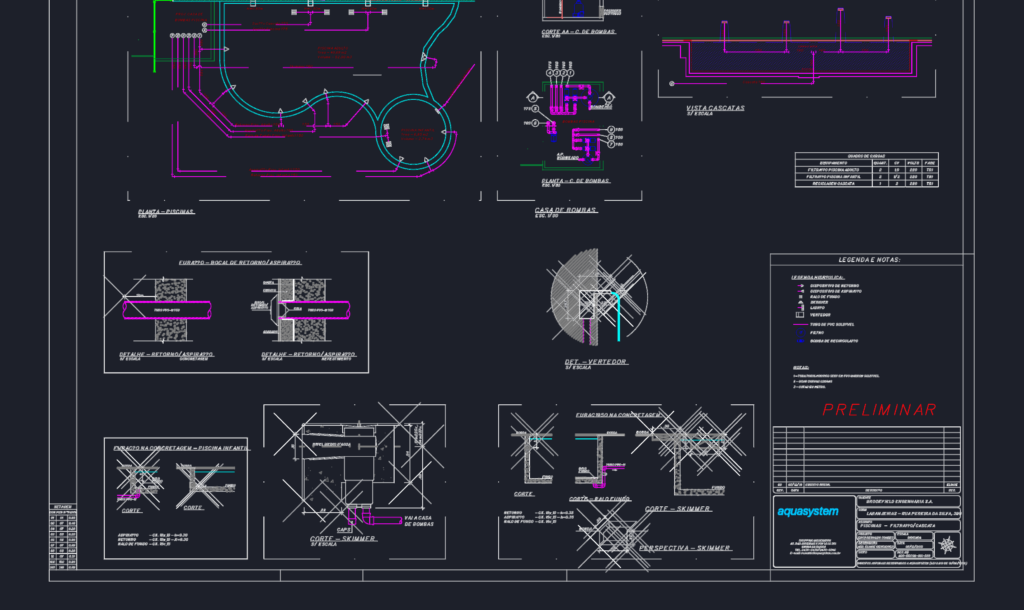 CAD layout of adult and children's pools with pump room plans, skimmer sections, and waterfall hydraulic details.