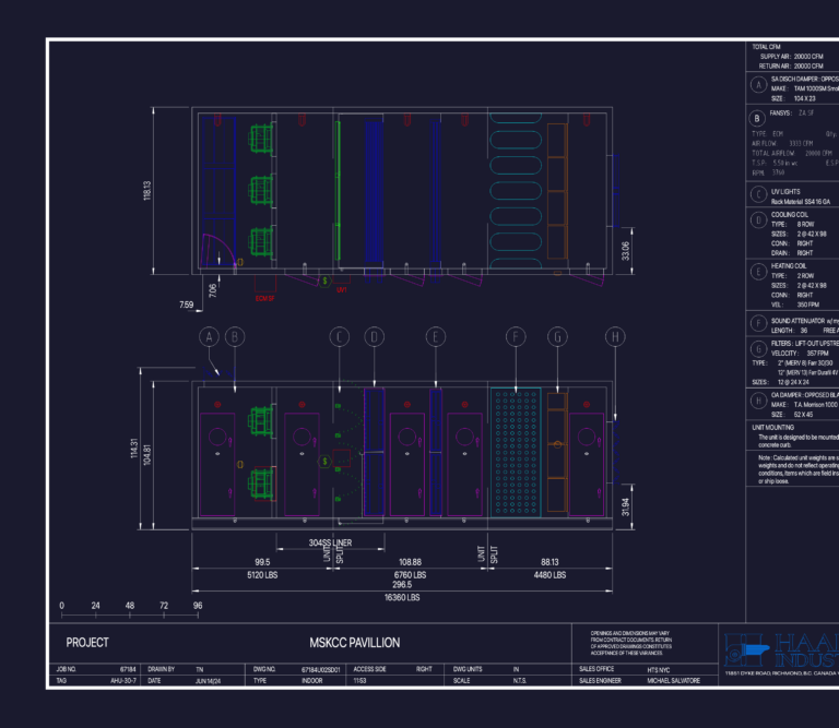 Plan and elevation views of a 20,000 CFM indoor air handling unit showing coils, filters, and mechanical dimensions.