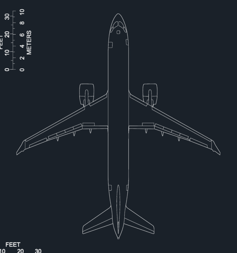 2D plan view drawing of an Airbus A220-300 commercial aircraft with graphic scales in feet and meters.