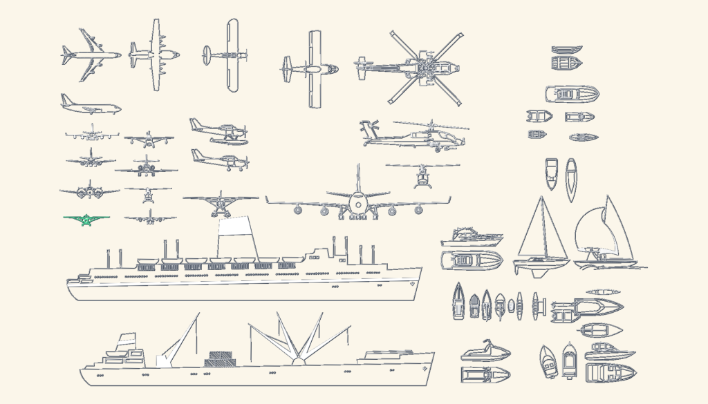 2D CAD line drawings of aircraft, helicopters, cargo ships, and various small boats in plan and elevation views.
