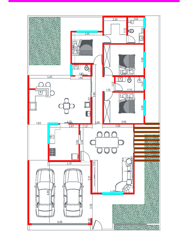 2D CAD floor plan of a 160m2 residence featuring three bedrooms, a double garage, and living areas with dimensions.