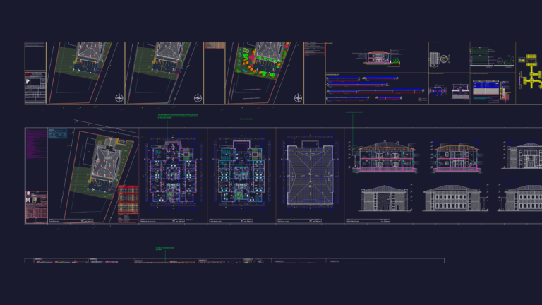 Architectural CAD drawings for a family health center including floor plans, elevations, sections, and site layout.
