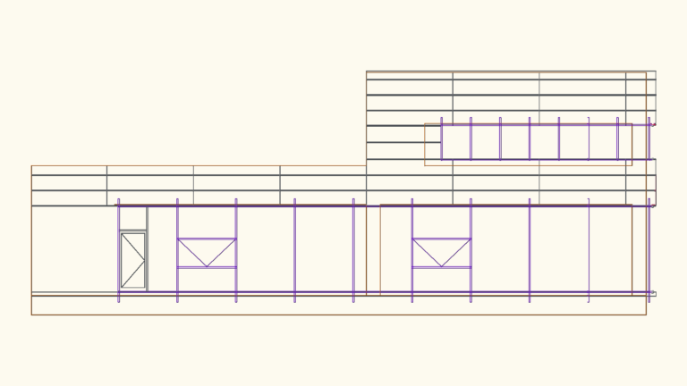 2D CAD elevation of a glazed building facade with composite panels and a roller shutter.