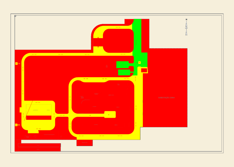 Color-coded industrial fire safety layout showing substation, boiler areas, and emergency exit routes.