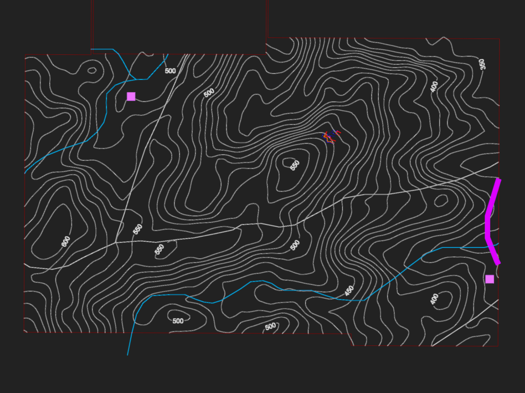CAD topographic map of a mining quarry featuring white elevation contour lines and colored excavation front markings.