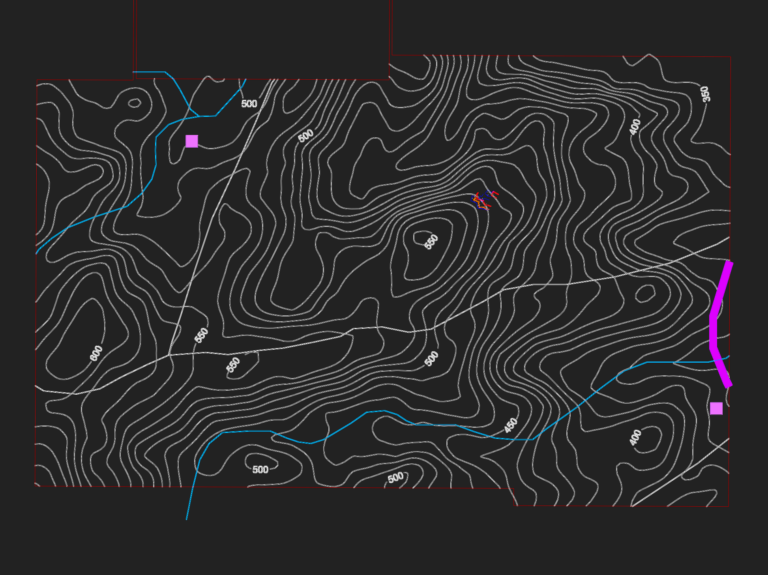CAD topographic map of a mining quarry featuring white elevation contour lines and colored excavation front markings.