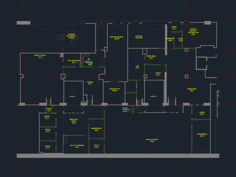 2D CAD floor plan of an Amtrak basement featuring watch floors, security labs, server rooms, and office furniture layout.