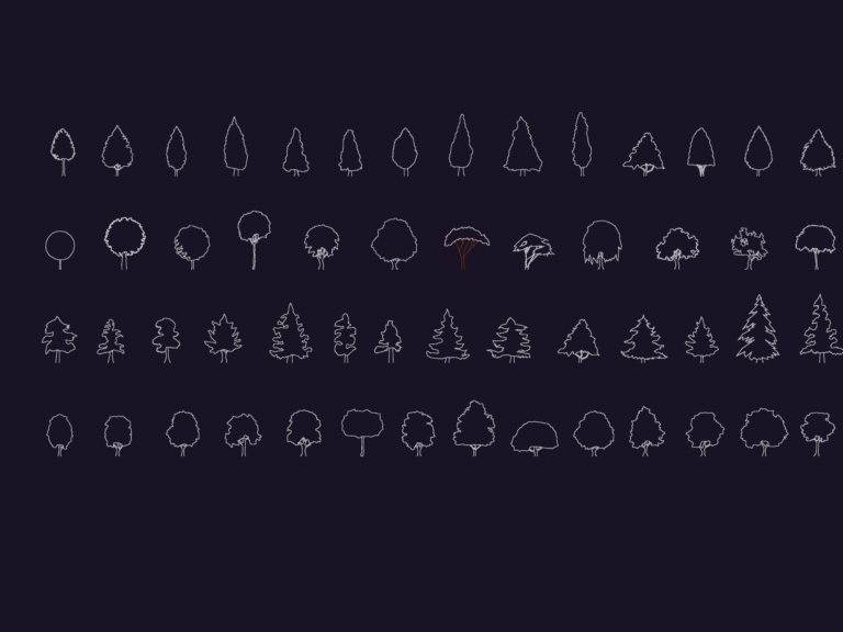 Collection of 54 white line drawing tree elevation silhouettes, including conical pines and rounded shrubs.