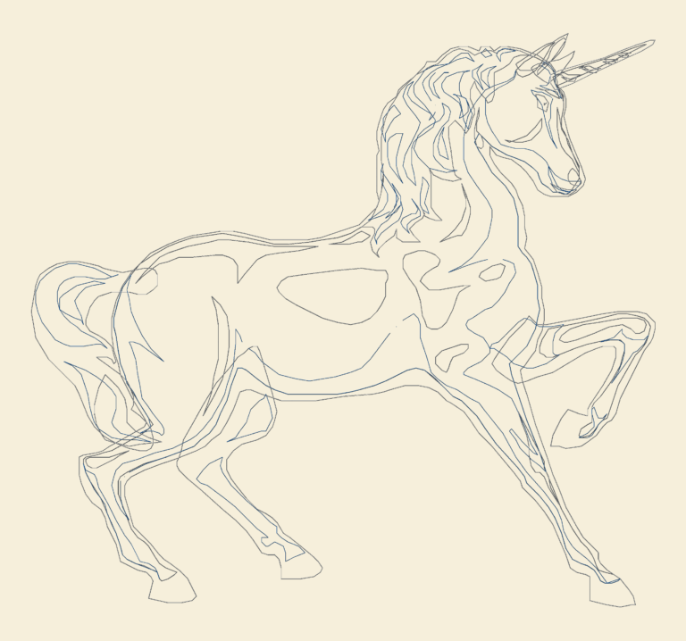 Contoured linework drawing of a running unicorn horse in side profile.