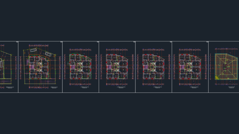 CAD architectural floor plans, site plan, and roof plan for a multi-story residential building.