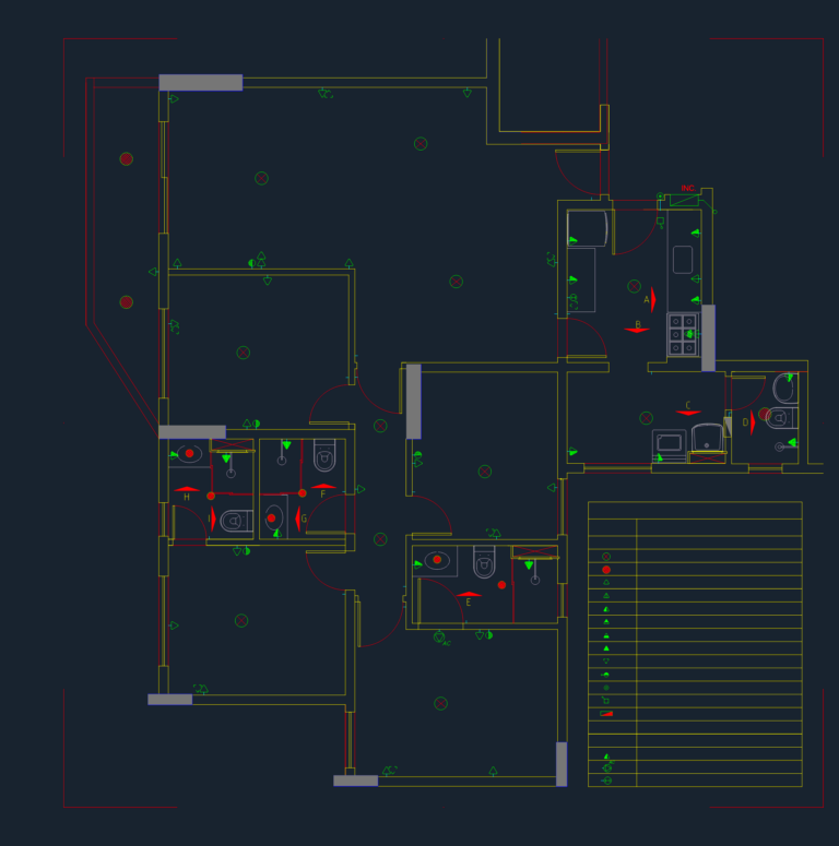 CAD floor plan of an apartment showing electrical symbols for switches and outlets with a symbol legend table.