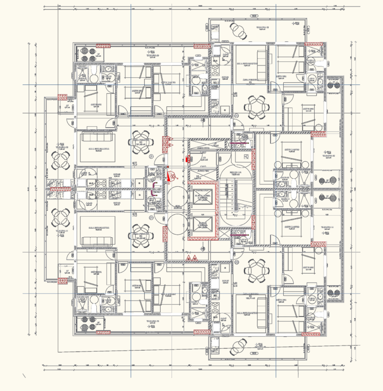 2D CAD floor plan of a residential typical floor with four units, suites, balconies, and central elevator core.
