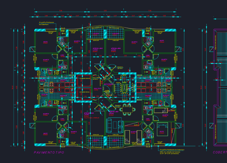 2D CAD typical floor plan for a residential building with four 2-bedroom apartments around a central elevator core.