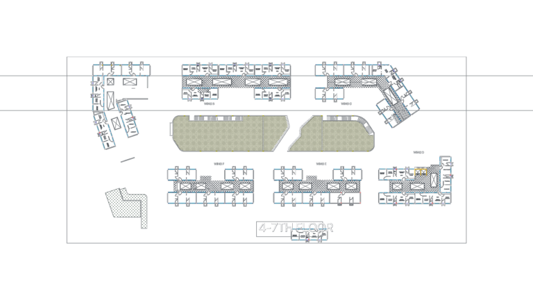 Architectural CAD floor plan showing residential wings B, C, D, E, and F for levels 4 to 7 of a housing complex.