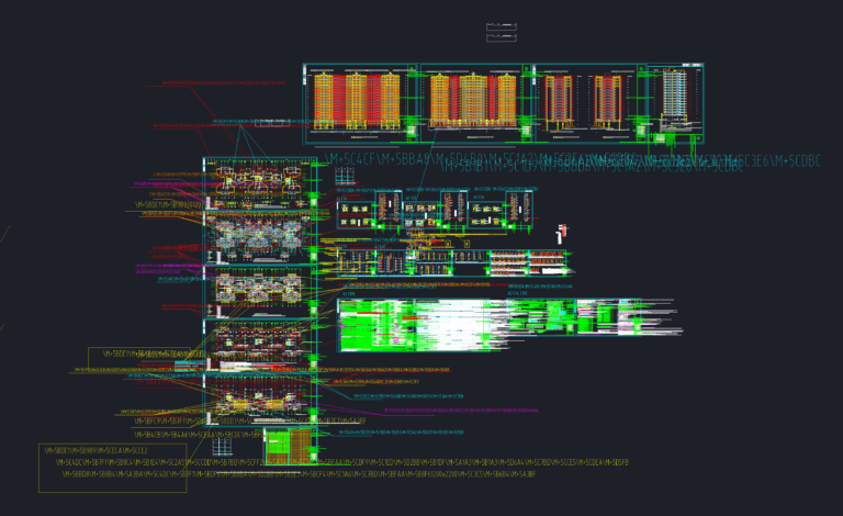 Technical CAD drawing showing 17-story apartment elevations, building sections, unit plans, and basement levels.