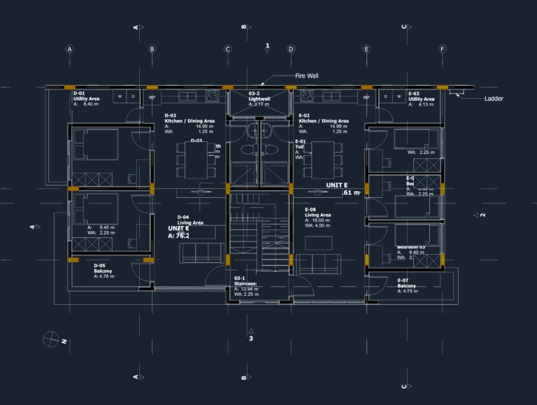 2D CAD floor plan showing two apartment units with room labels, area measurements, staircase, and lightwell.