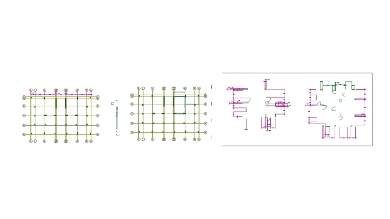 CAD drawing showing a structural column grid and architectural floor plan layout with metric dimensions.