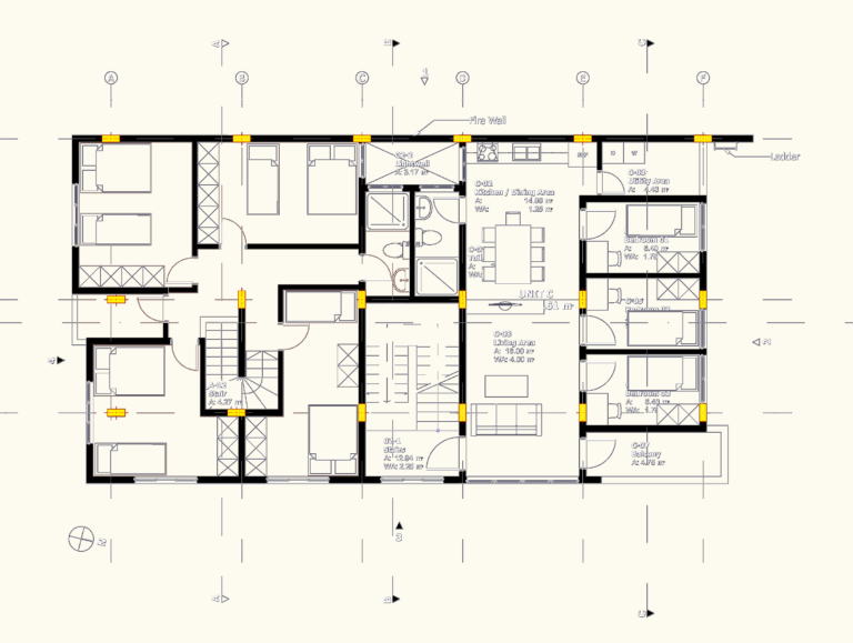 Architectural CAD floor plan of two residential apartment units with room labels, dimensions, and central staircase.