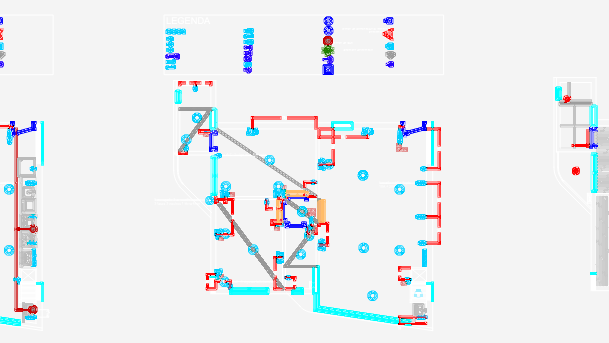 CAD drawings of an apartment unit featuring color-coded electrical, plumbing, and partition wall layouts with legend.