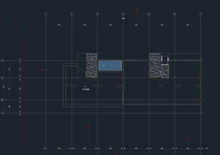 Sixth floor architectural plan showing apartment layout with stairs, elevator, structural grid, and level +19.85 marker.