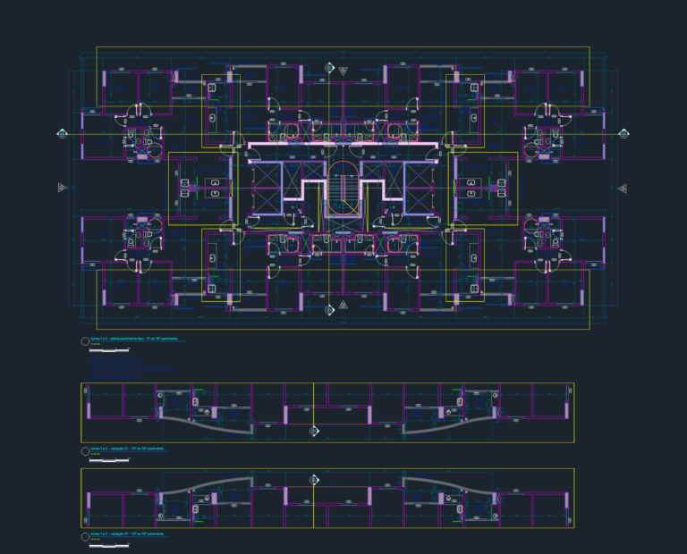 Technical architectural floor plan of a residential tower with eight units per floor and central elevator core.
