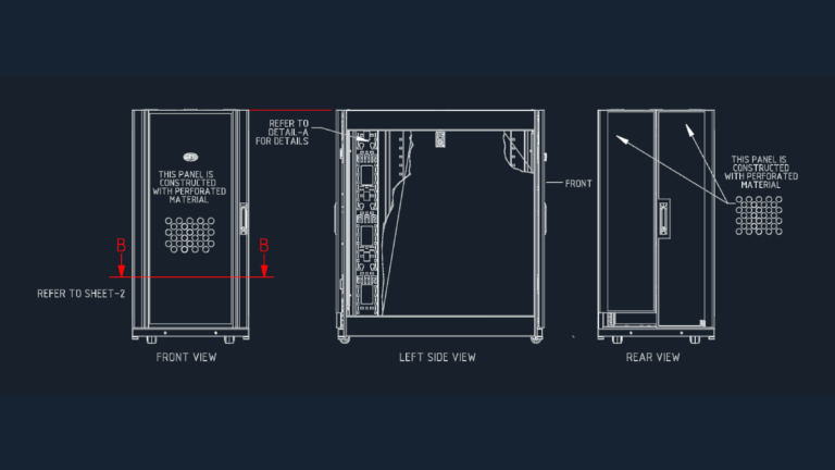 Front, side, and rear elevations of the APC AR3104 NetShelter SX 24U server rack with perforated paneling details.