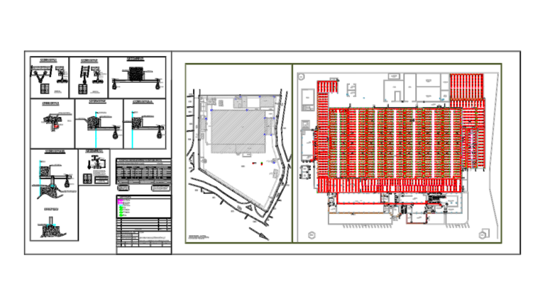 CAD drawing showing a factory floor plan with a red sprinkler pipe network, riser diagrams, and pipe support details.