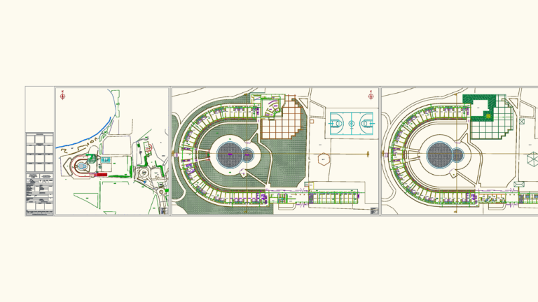CAD architectural drawings showing site plan and circular floor plans of a resort with pools and basketball court.