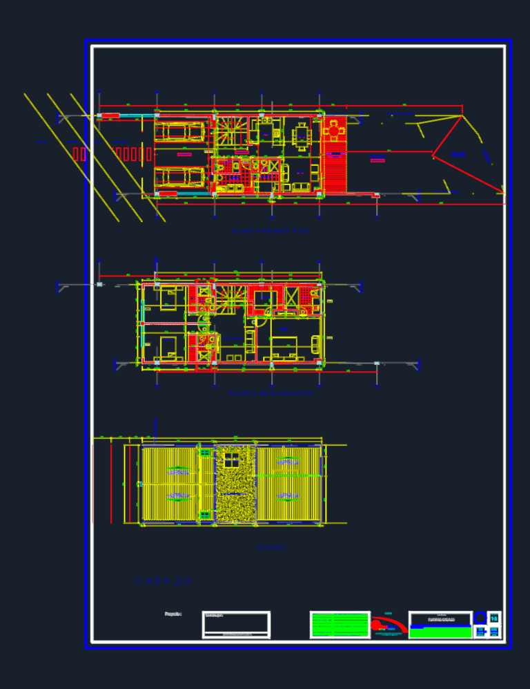Architectural floor plans, second-floor layout, and roof plan for a two-level residence with Spanish annotations.