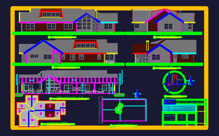 CAD drawing showing four house elevations, a structural section, roof plan, and site location for a 195 sqm residence.