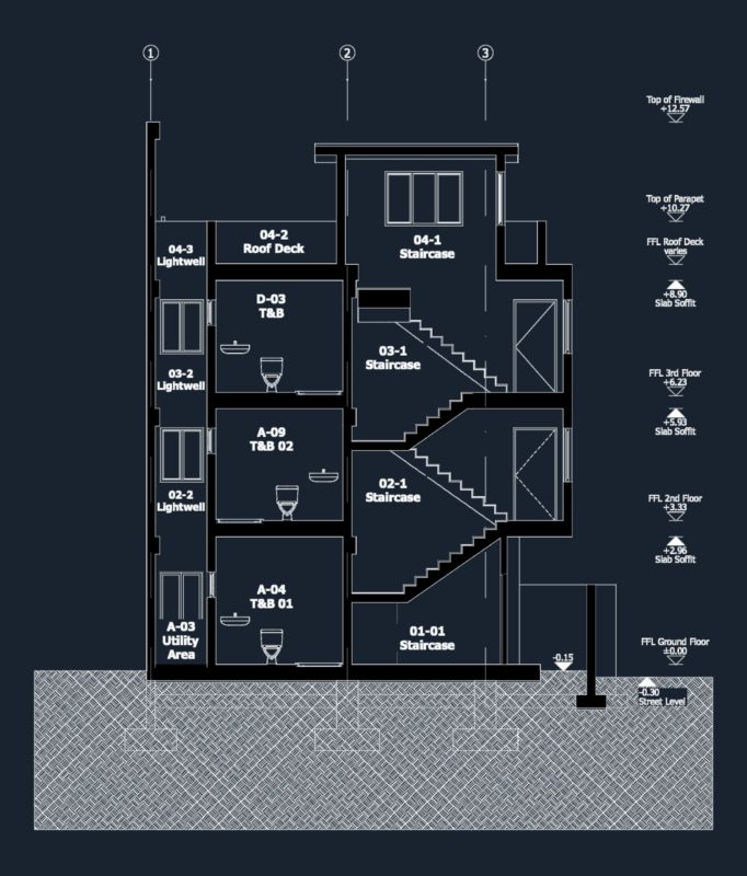 Architectural Section B-B for Multi-Story Building with Stairs and T&B