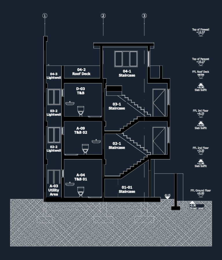 Architectural cross-section of a 4-story building showing stairs, bathrooms, floor levels, and foundation footings.
