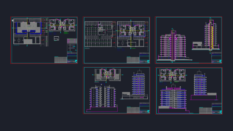 CAD drawings showing floor plans, sections, and elevations for a ten-story residential apartment building.