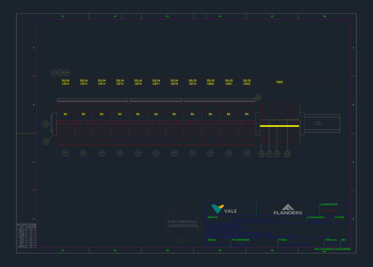 ACE DIN rail layout detail with circuit breakers, terminal blocks, and Flanders Vale title block.