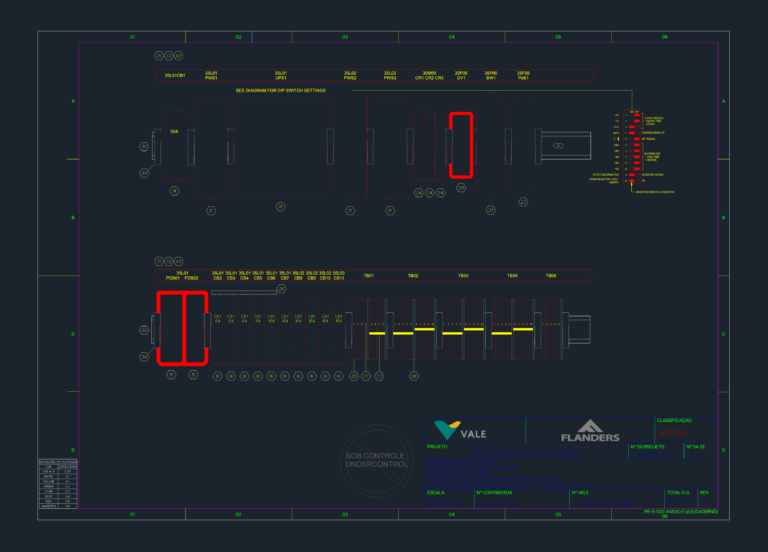 Internal front elevation CAD drawing of two DIN rails with Flanders power supplies, circuit breakers, and terminal blocks.