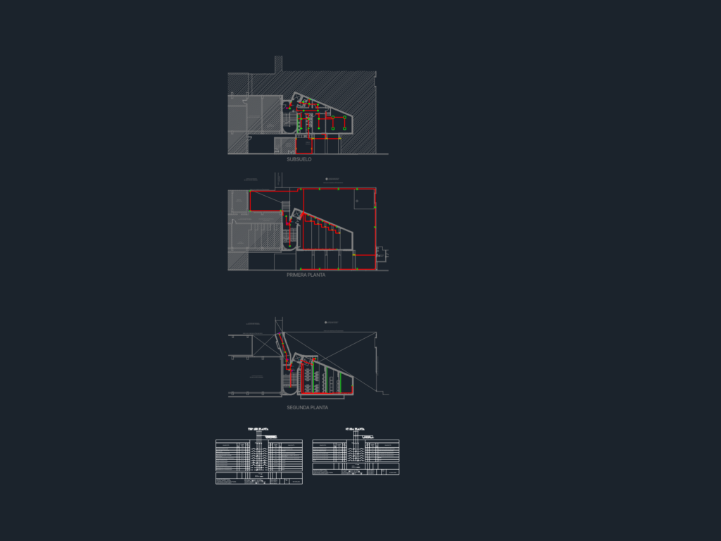Electrical floor plans for an art gallery showing circuits for three levels and technical data schedules.