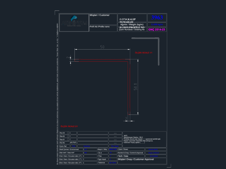 2D CAD section of an L-shaped aluminum extrusion profile with dimensions, technical specifications, and scale details.