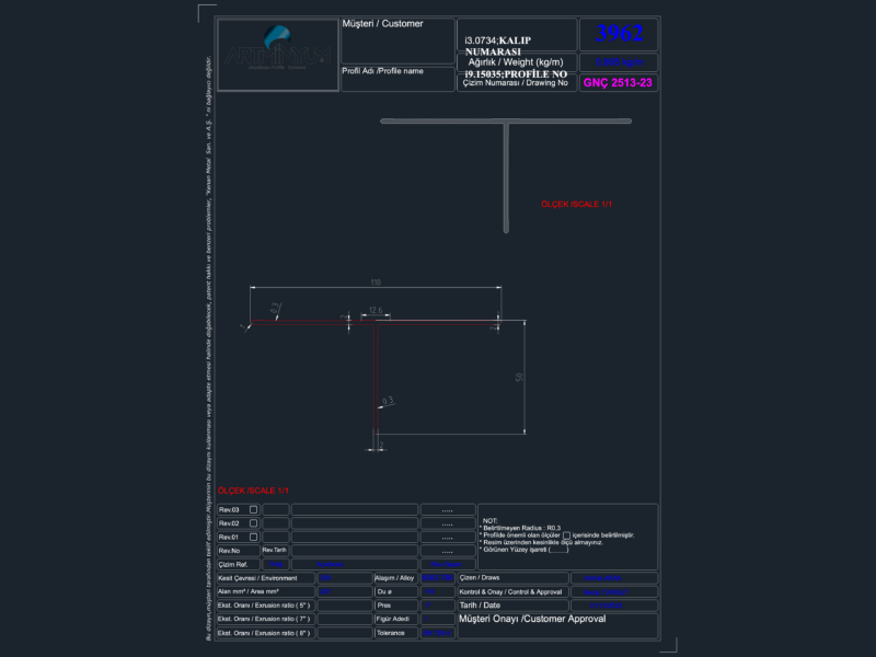Artminyum Aluminum Profile GNÇ 2513-23 Section Detail with Technical Specs