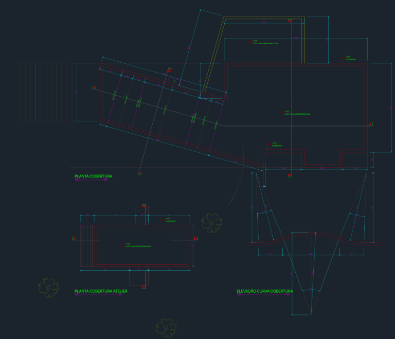 Architectural CAD drawing of an atelier roof plan and a curved roof elevation with geometric radius dimensions.