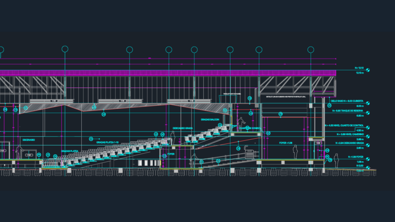 Longitudinal architectural section of an auditorium showing tiered seating, stage, foyer, technical rooms, and roof levels.