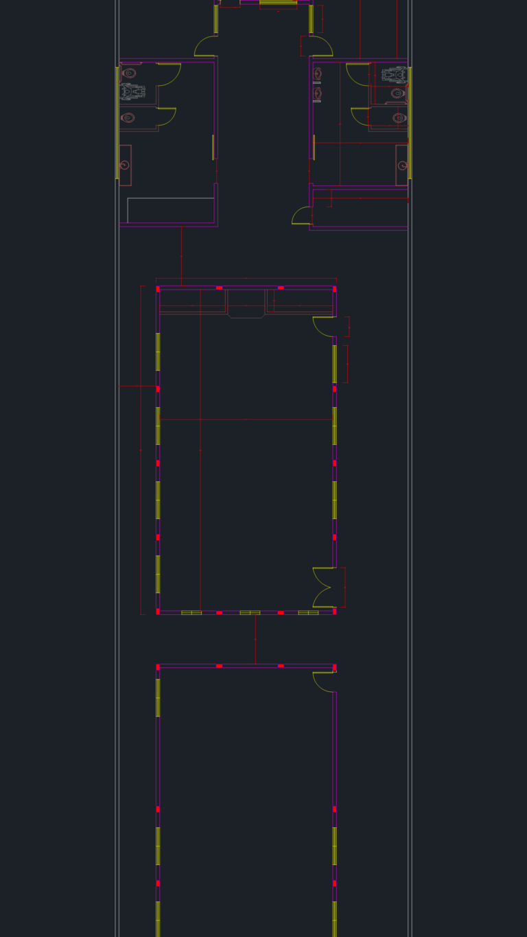 CAD floor plan of a commercial shed and warehouse showing internal office partitions and restroom layouts.