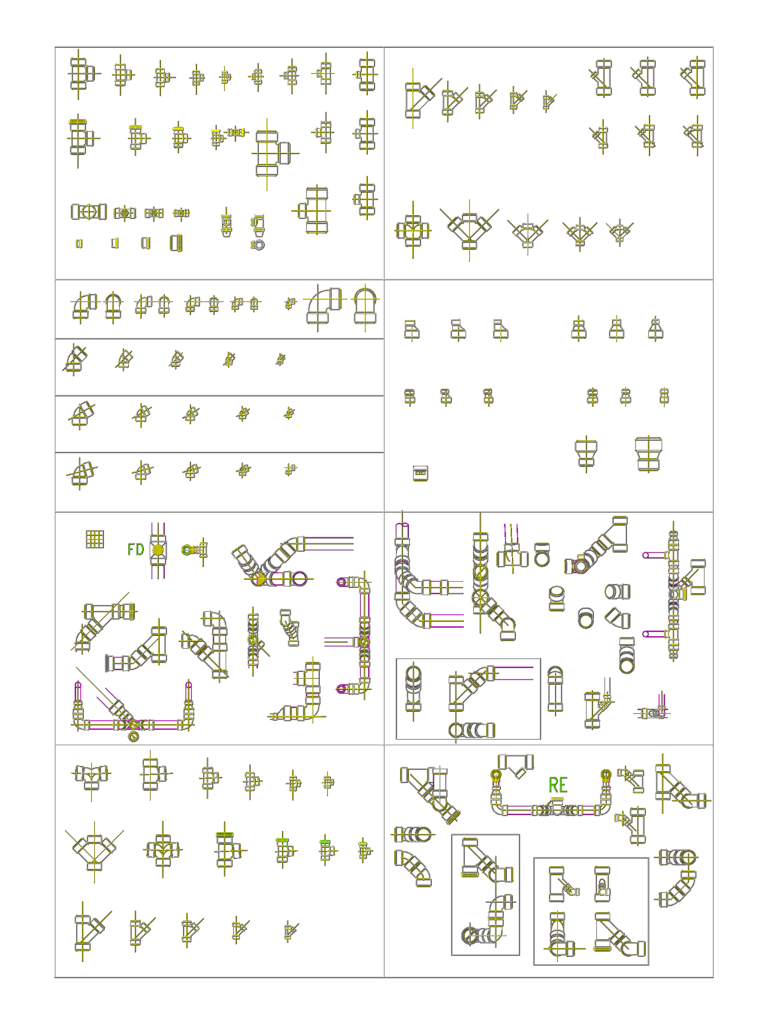 2D CAD blocks of metric PVC plumbing fittings including tees, elbows, and floor drains in plan and elevation.
