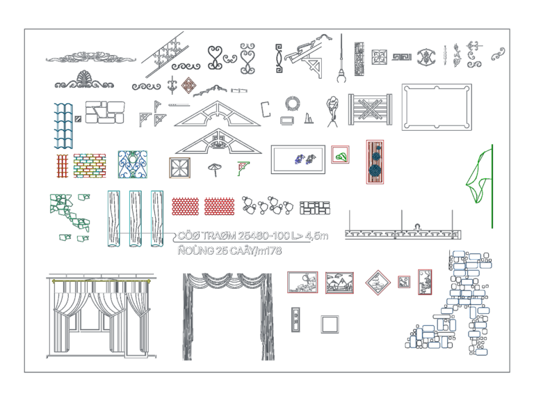 CAD drawing collection of window curtains, wood carvings, stone wall patterns, and timber pile foundation details.